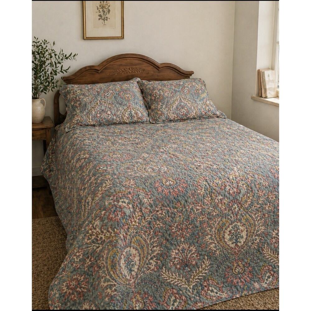 Waverly Vintage Floral Quilt Set Queen Cottagecore Paisley 100% Cotton w/ Shams
